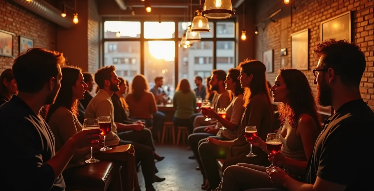 Ambiance conviviale d'un 5 à 7 culturel montréalais avec des professionnels qui réseautent