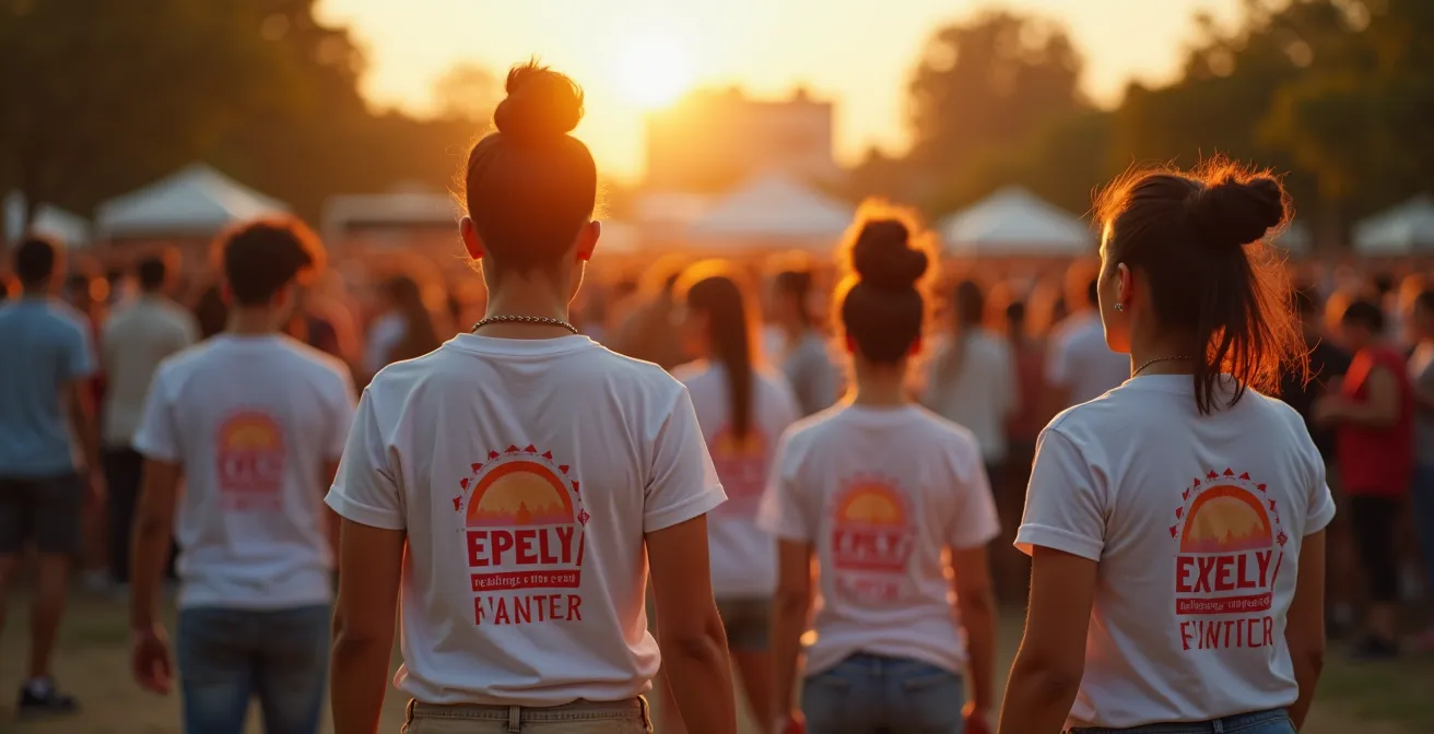 Un groupe de jeunes bénévoles aidant à un événement culturel en plein air, partageant l'expérience collective du spectacle gratuit.