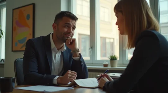 Un professionnel engagé en conversation avec un client, écoutant attentivement ses préoccupations, dans un cadre chaleureux de collaboration montréalaise.