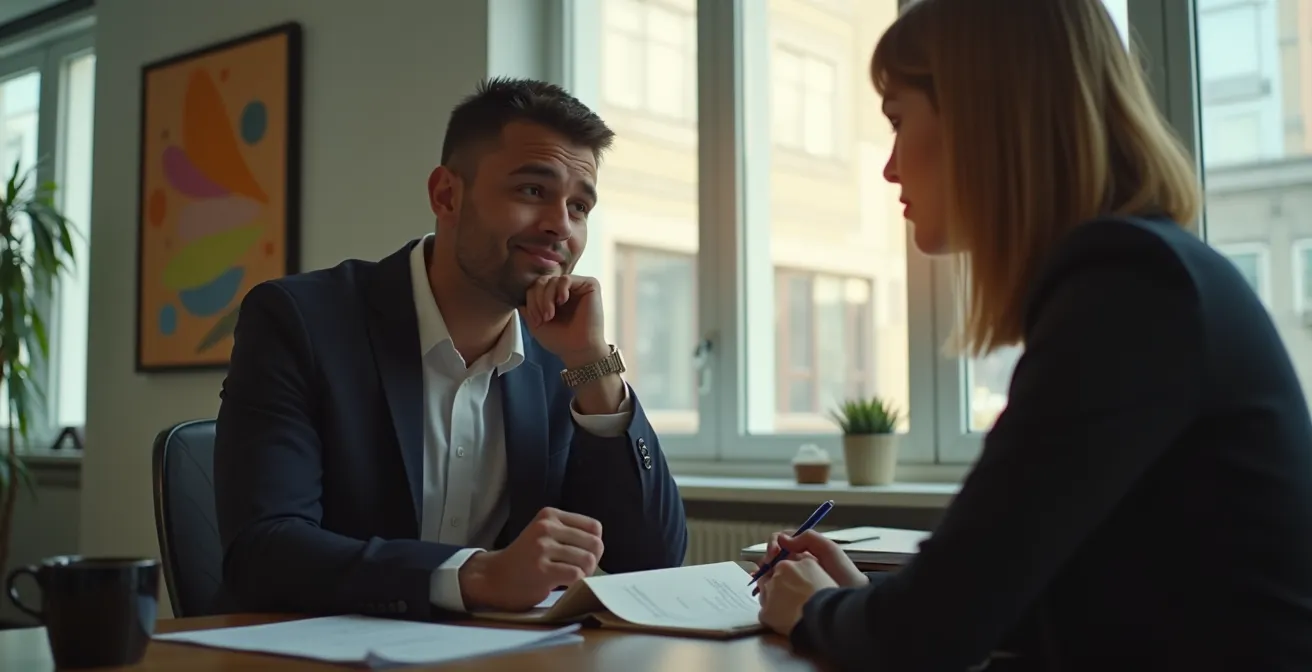 Un professionnel engagé en conversation avec un client, écoutant attentivement ses préoccupations, dans un cadre chaleureux de collaboration montréalaise.