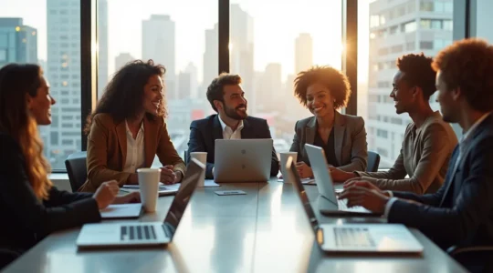 Professionnels diversifiés collaborant autour d'une table moderne à Montréal, symbolisant les partenariats d'affaires gagnants