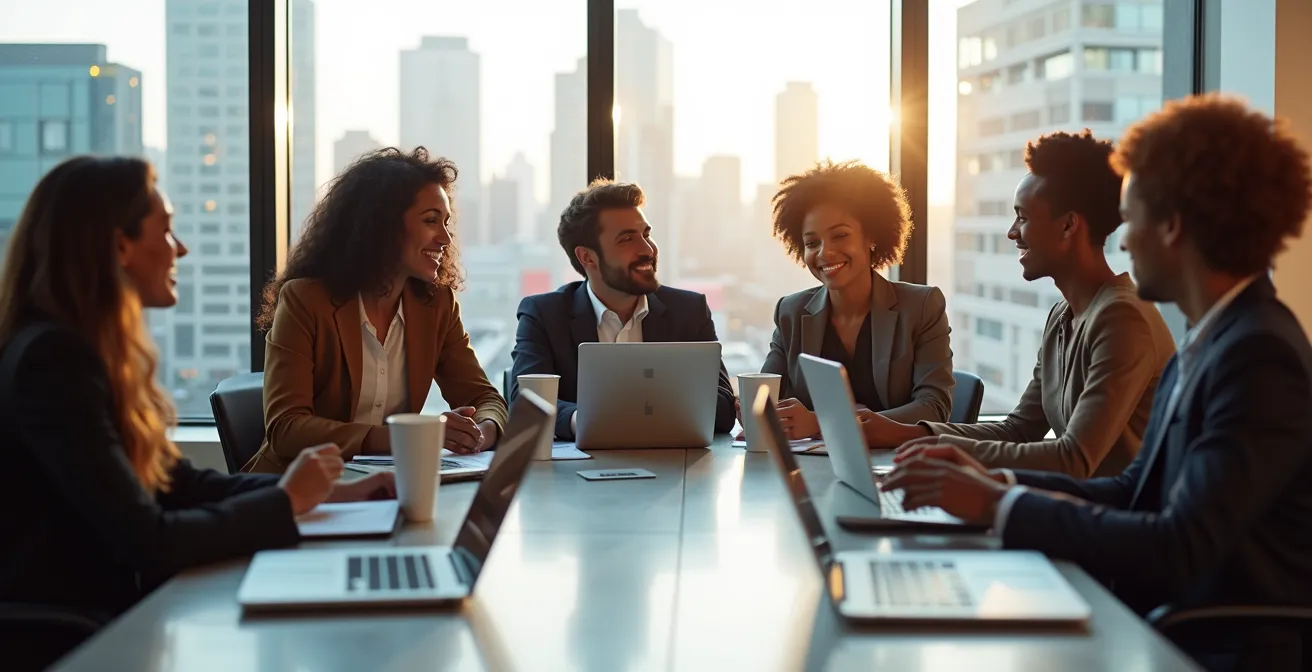 Professionnels diversifiés collaborant autour d'une table moderne à Montréal, symbolisant les partenariats d'affaires gagnants