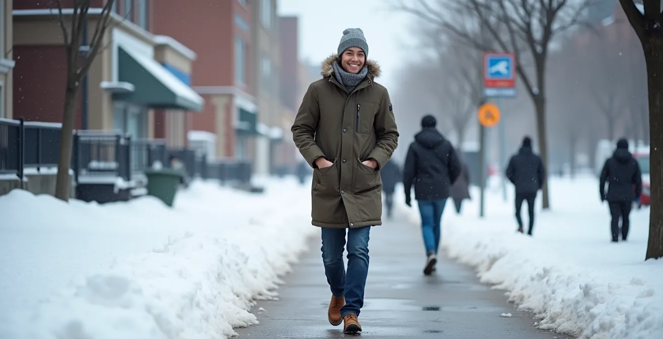 Passant souriant marchant sur un trottoir enneigé à Montréal, illustrant la persévérance et l'humour face à l'hiver.