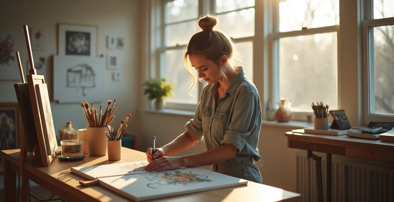 Artiste montréalaise travaillant dans son atelier, transformant sa passion en carrière viable avec détermination et créativité