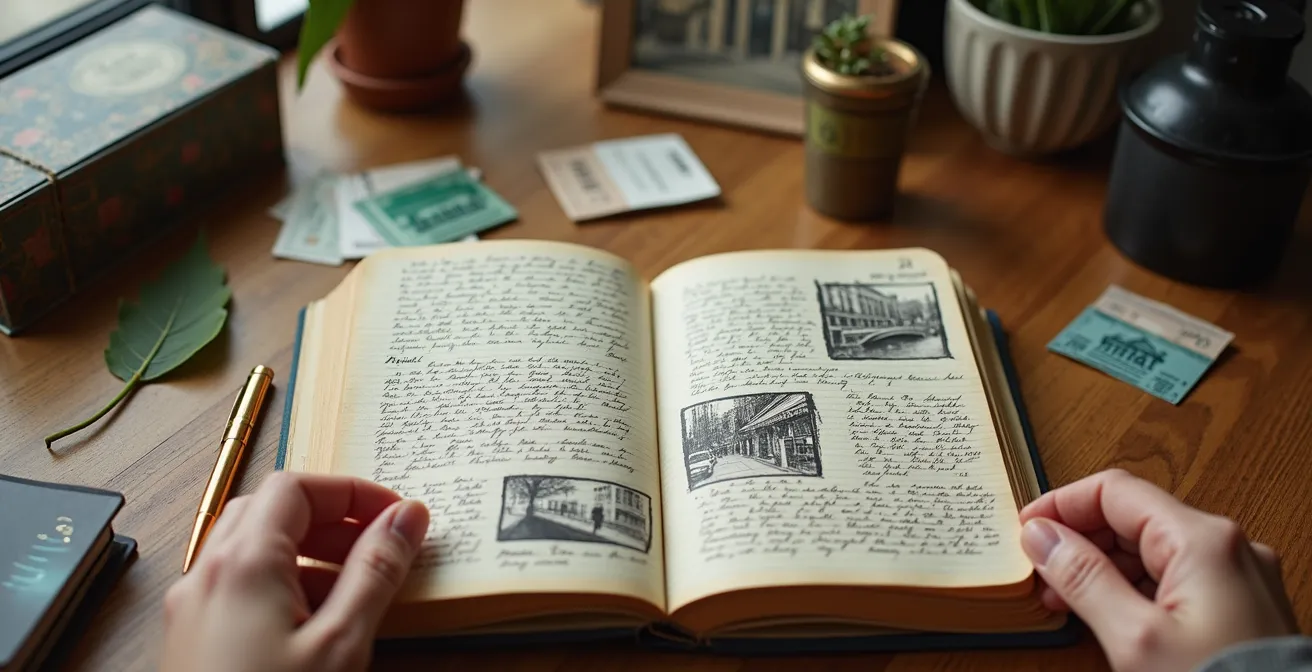 Carnet ouvert avec croquis, notes et objets collectés lors d'une exploration urbaine de Montréal