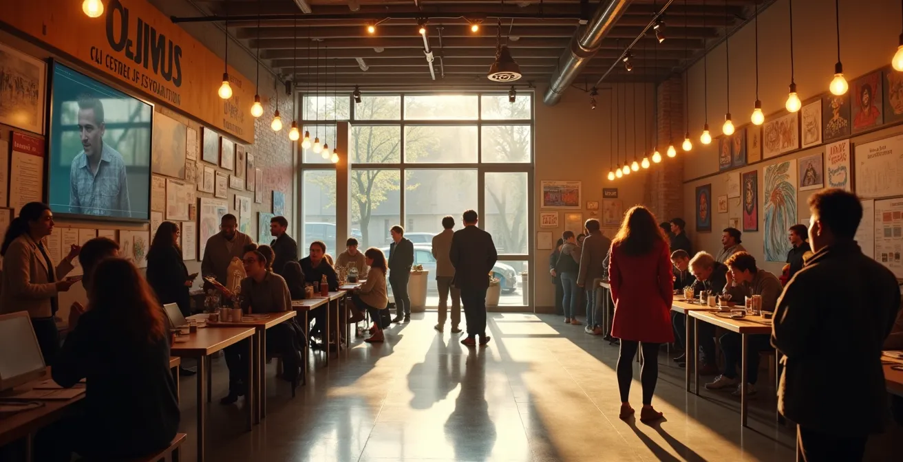 Centre culturel montréalais avec citoyens de tous âges et origines partageant une expérience culturelle immersive