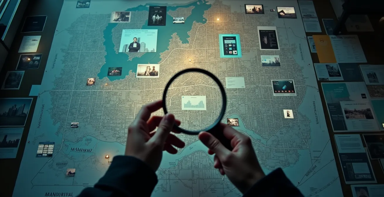 Image symbolique représentant la complexité de l'information à Montréal avec des éléments visuels évoquant les médias, les quartiers et la recherche de vérité