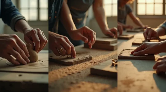 Montage artistique montrant des mains d'artisans au travail dans des ateliers de Montréal, symboles de création et de transmission.
