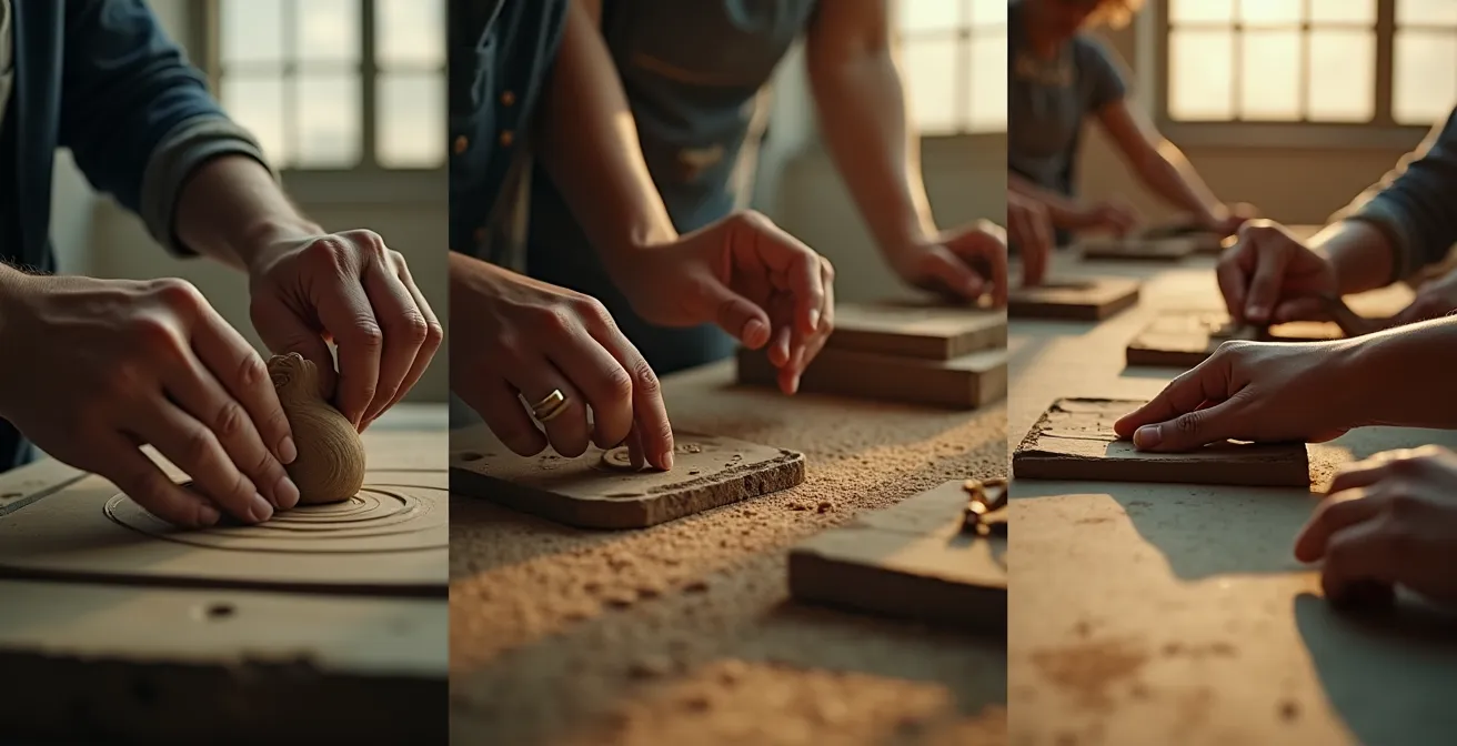 Montage artistique montrant des mains d'artisans au travail dans des ateliers de Montréal, symboles de création et de transmission.