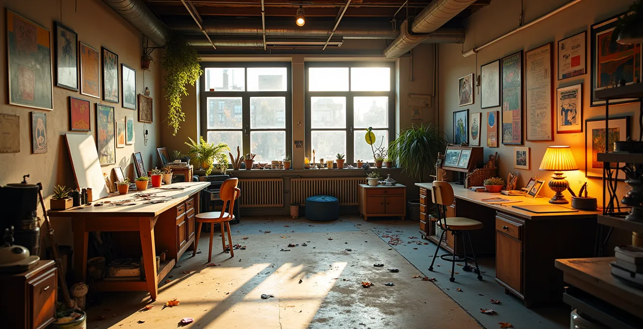 Studio créatif avec désordre intentionnel, tableaux d'inspiration et matériaux en attente