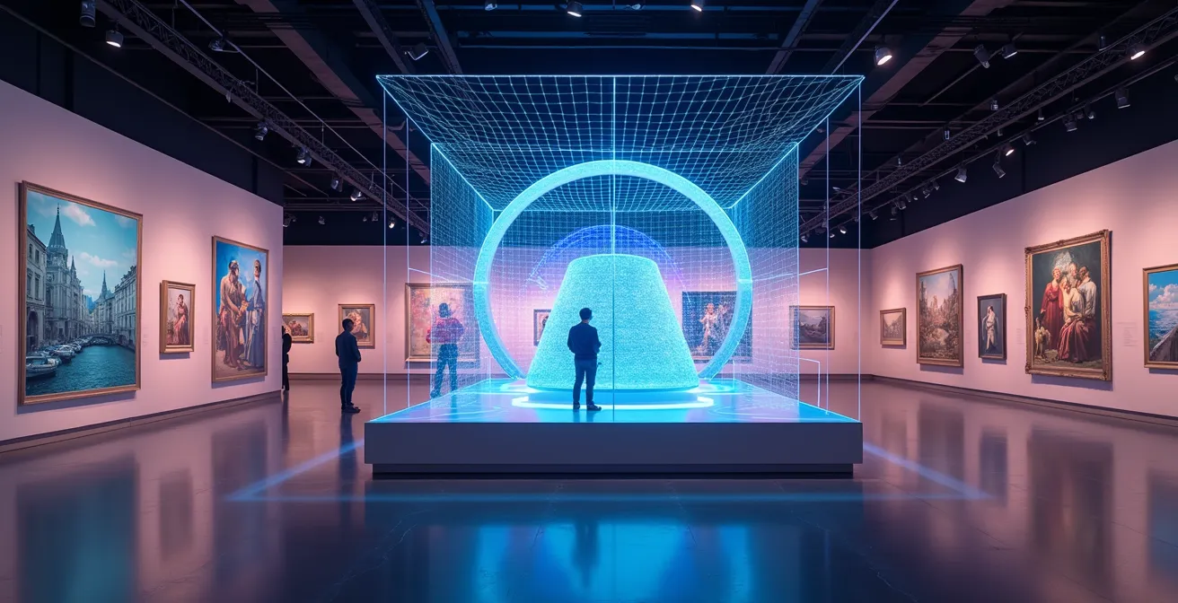 Représentation visuelle du suivi des données d'un visiteur dans un musée, avec des graphiques luminescents et des chemins de visite.
