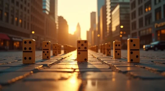 Vue symbolique de Montréal avec des dominos économiques mis en place dans un paysage urbain