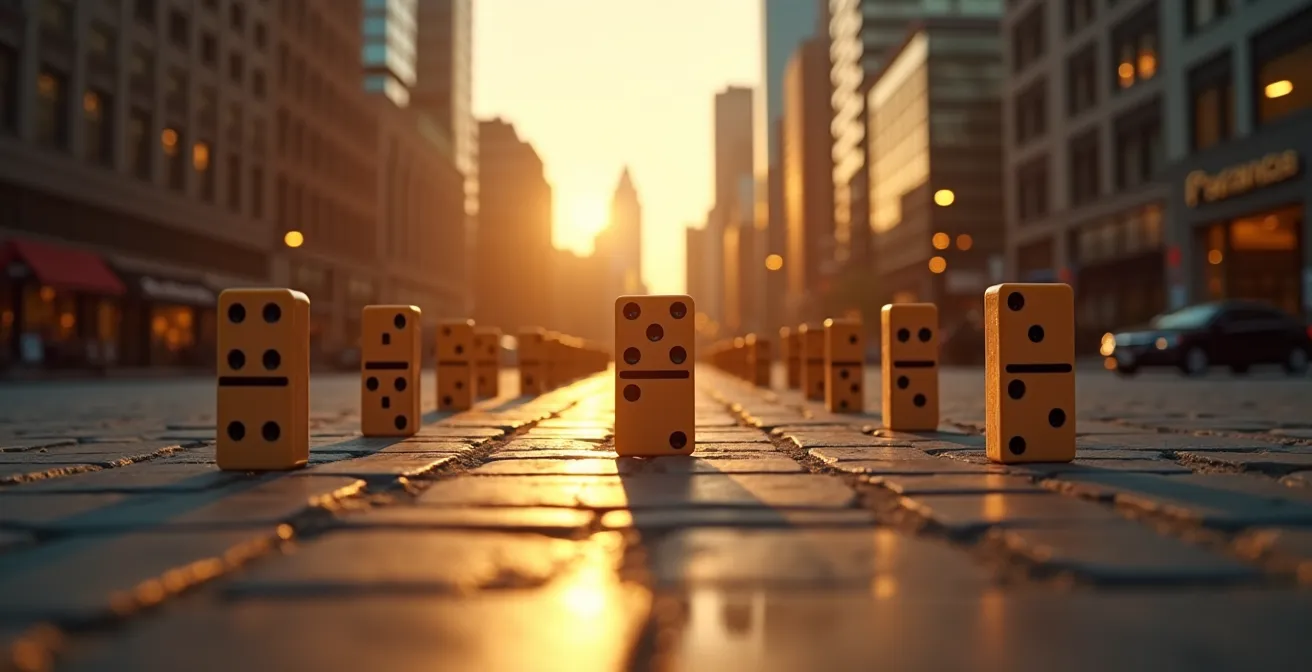 Vue symbolique de Montréal avec des dominos économiques mis en place dans un paysage urbain