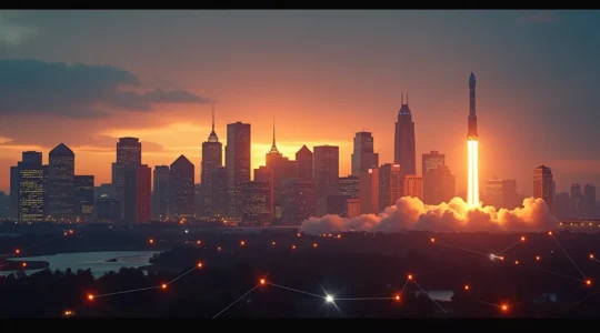 Vue symbolique de Montréal avec éléments startup comme fusée, gratte-ciels et réseautage