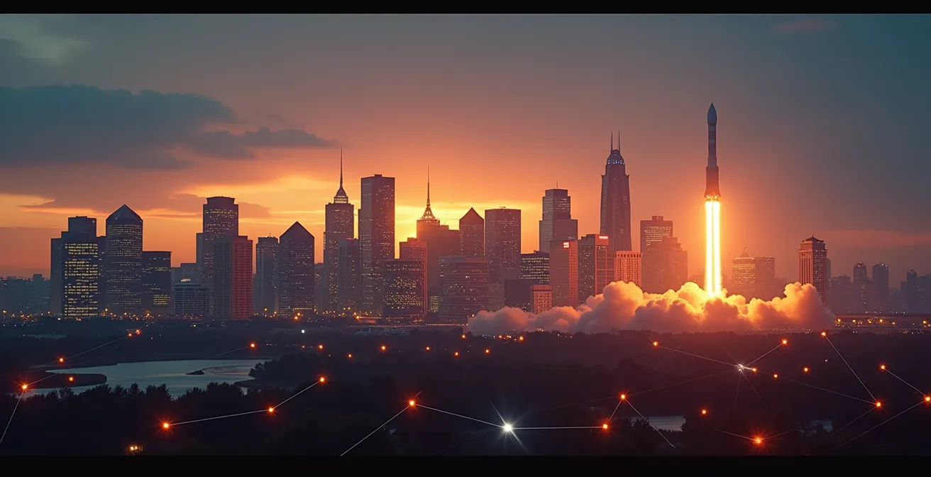 Vue symbolique de Montréal avec éléments startup comme fusée, gratte-ciels et réseautage