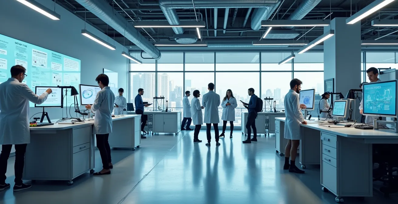 Chercheurs universitaires et entrepreneurs collaborant dans un laboratoire d'innovation moderne à Montréal
