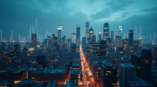 Vue aérienne de Montréal avec des graphiques financiers superposés symbolisant l'analyse citoyenne des grands investissements