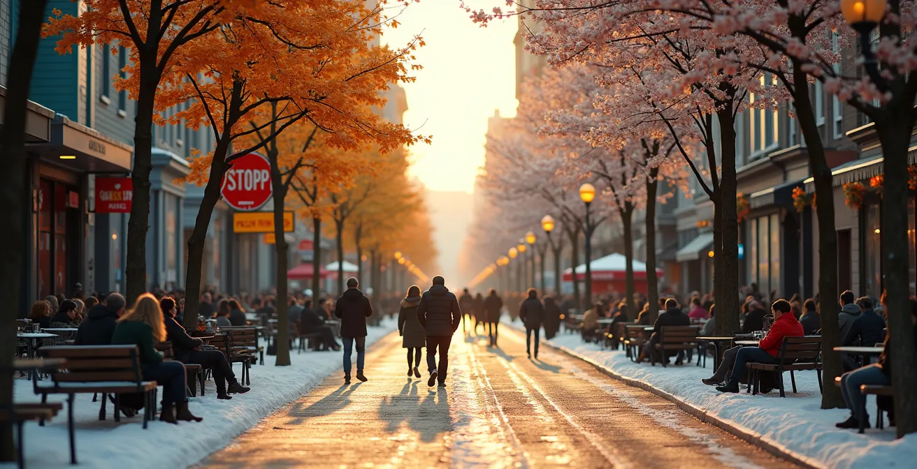 Scène urbaine à Montréal illustrant les saisons et la diversité, ambiance de quartier et vie sociale dynamique.