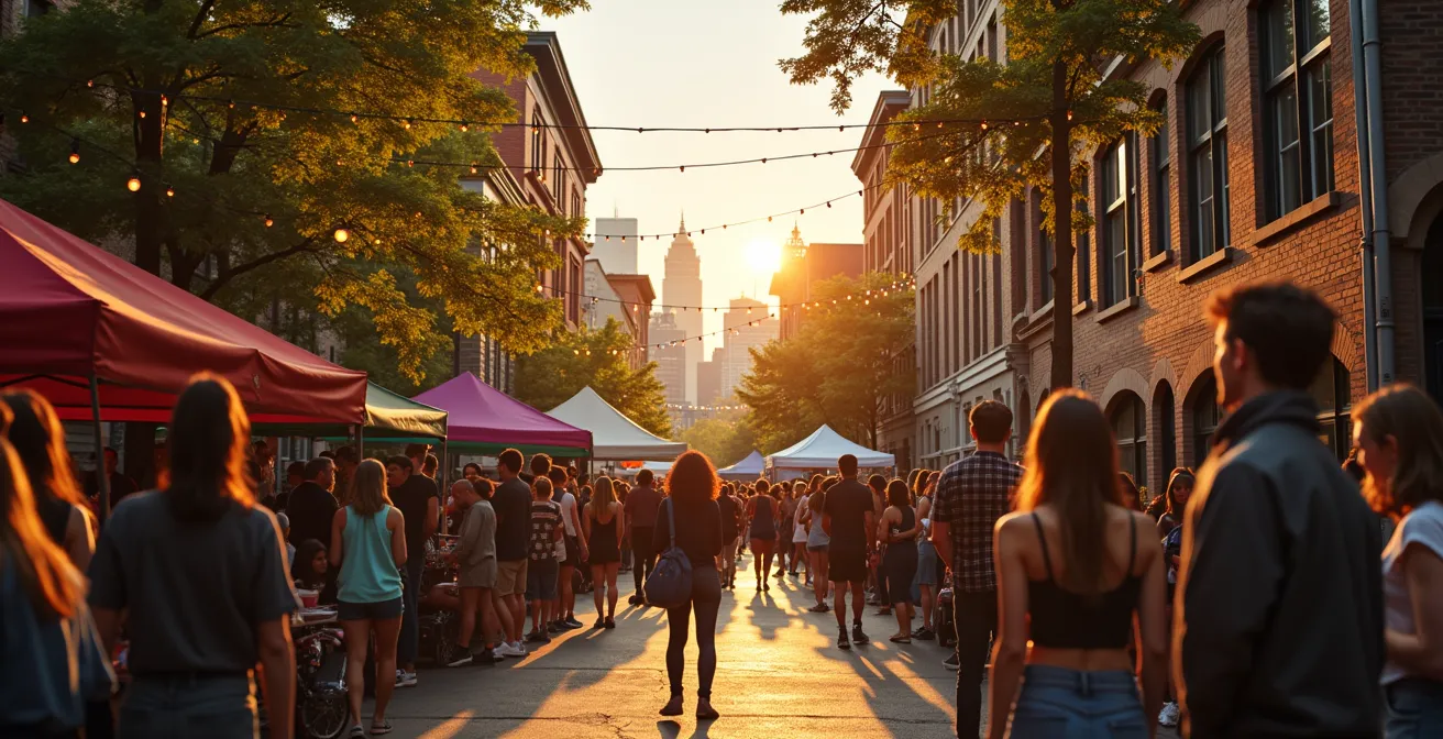 Scène vibrante de la culture montréalaise avec des artistes et festivaliers dans un quartier alternatif de Montréal