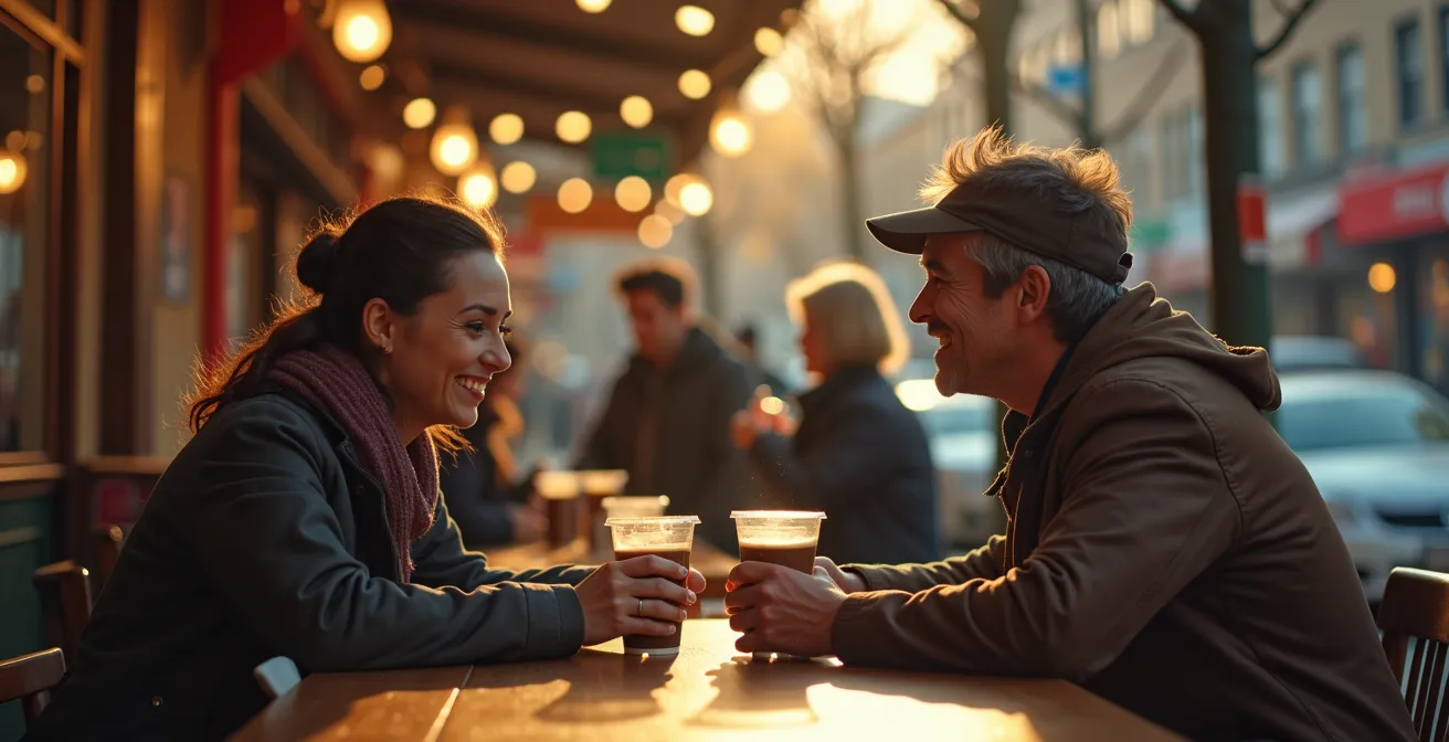 Personnes dans un parc montréalais, autour d'un café de quartier et d'un dépanneur, symbolisant une interaction chaleureuse de voisinage.