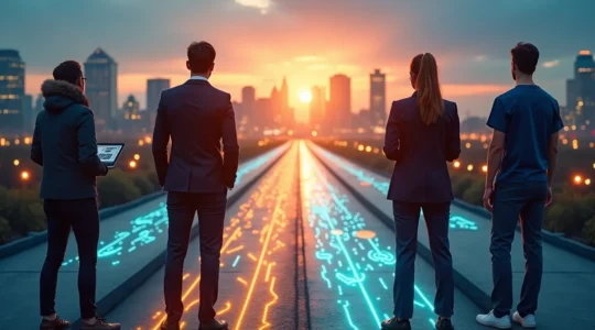 Professionnels diversifiés réfléchissant à leur choix de carrière parmi les pôles économiques de Montréal