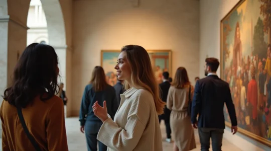 Un collectif de personnes souriantes decouvrant ensemble l'art et la culture dans les grandes institutions montréalaises, symboles de prestige et d'accès.