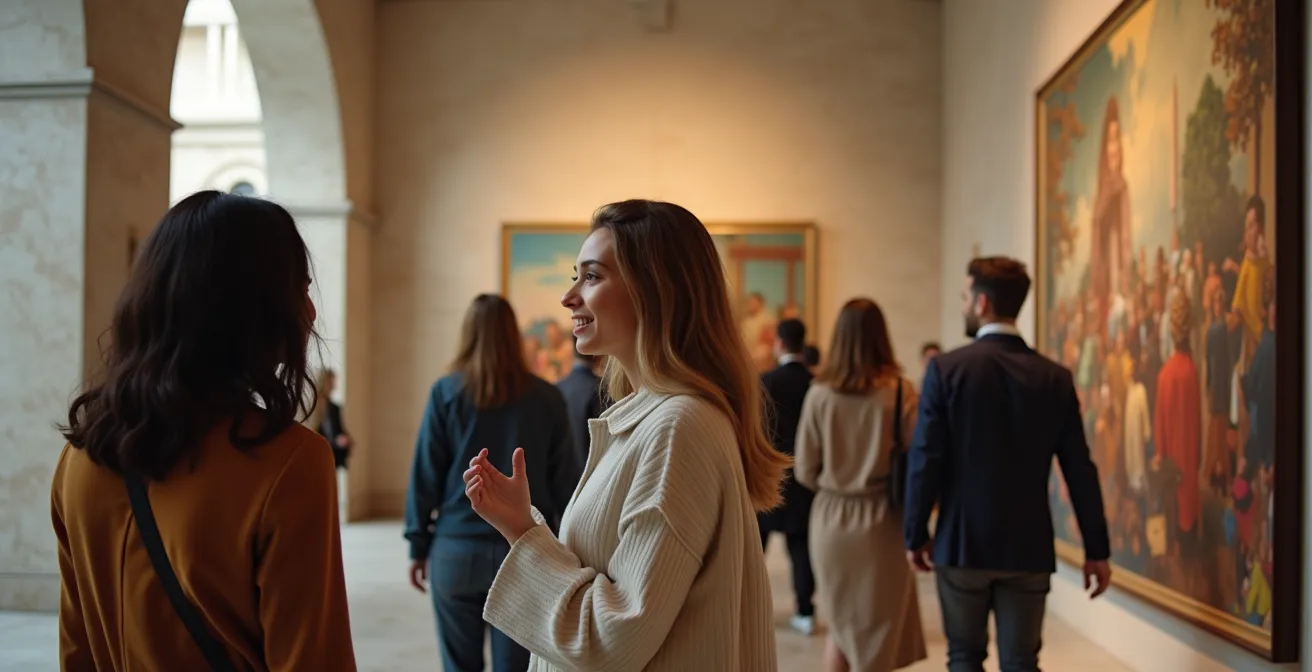Un collectif de personnes souriantes decouvrant ensemble l'art et la culture dans les grandes institutions montréalaises, symboles de prestige et d'accès.