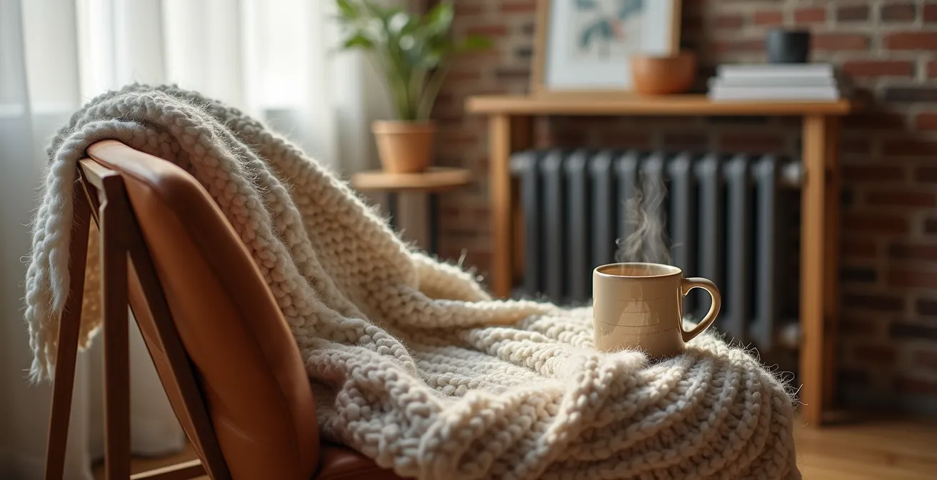 Intérieur chaleureux d'un appartement montréalais avec décoration minimaliste et touches hygge québécoises