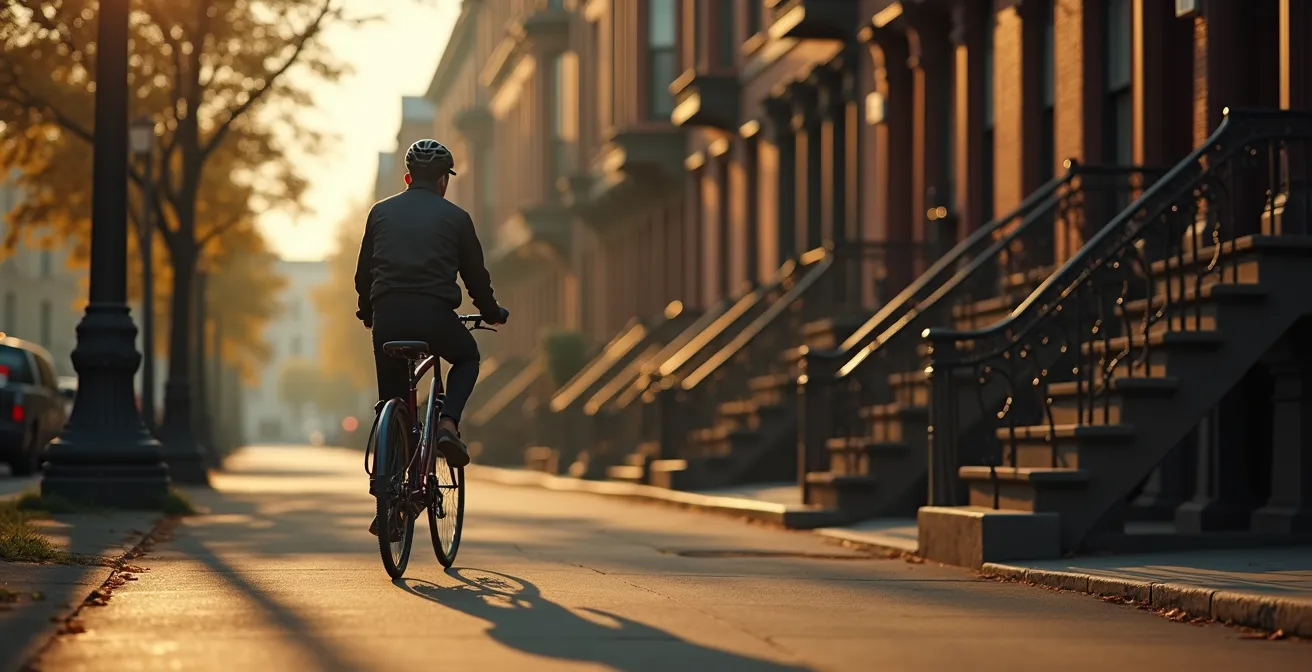 Cycliste longeant les façades victoriennes du Plateau avec jeu d'ombres et lumières dorées
