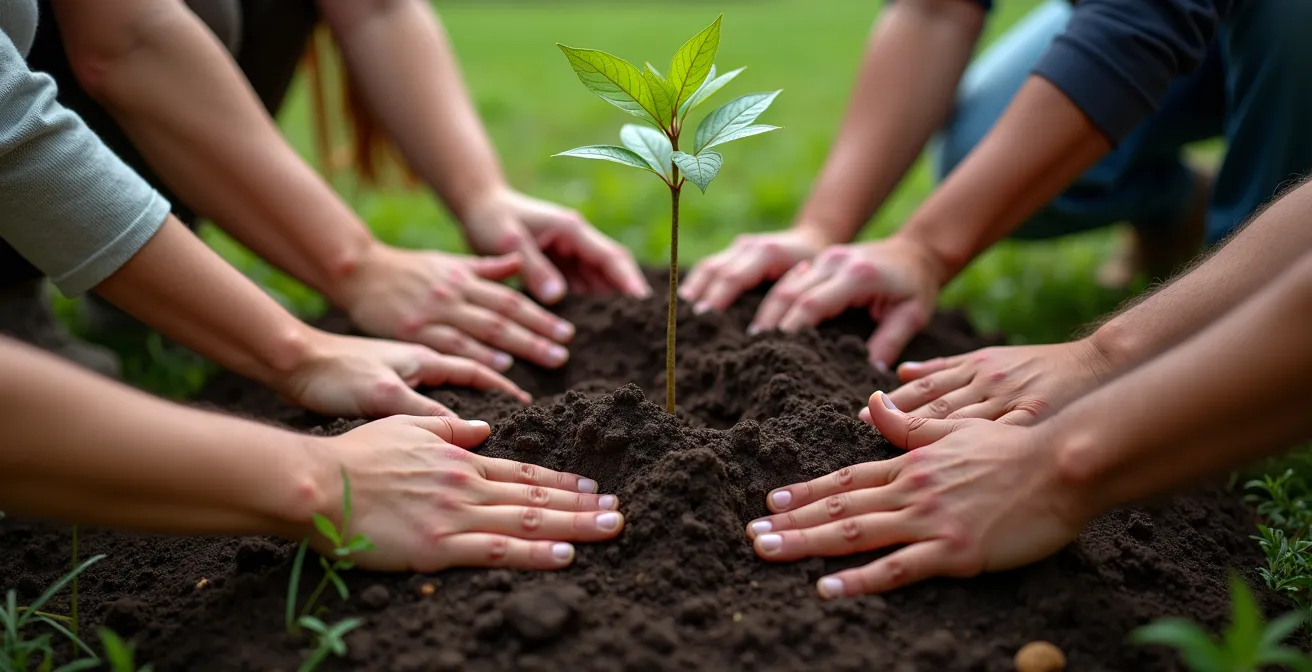 Groupe de bénévoles plantant de jeunes arbres dans un parc urbain de Montréal au printemps