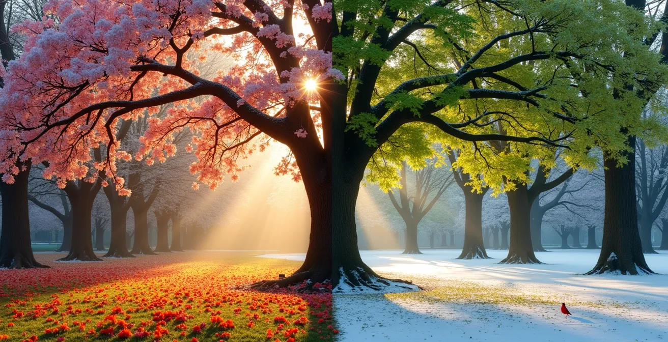 Composition en quatre quadrants montrant les mêmes arbres du parc La Fontaine à travers les saisons, avec des détails de floraison, feuillage, couleurs automnales et neige