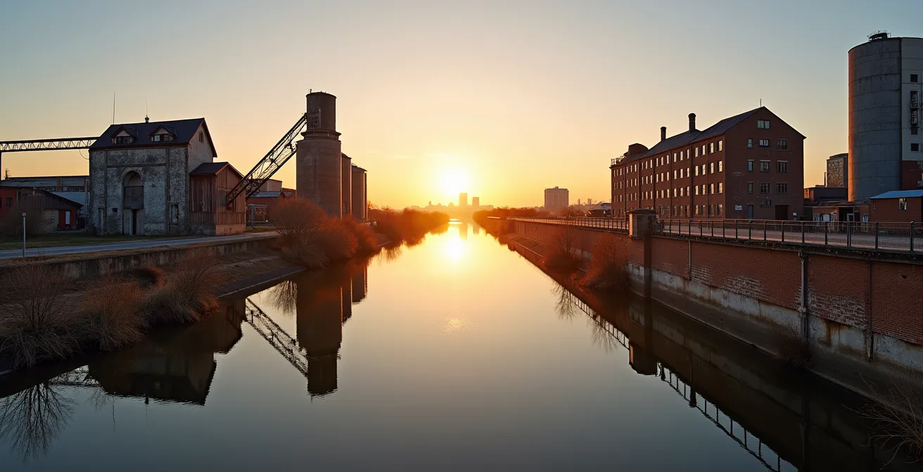 Vue panoramique du Canal de Lachine montrant les vestiges d'anciennes infrastructures industrielles et les silos à grain historiques
