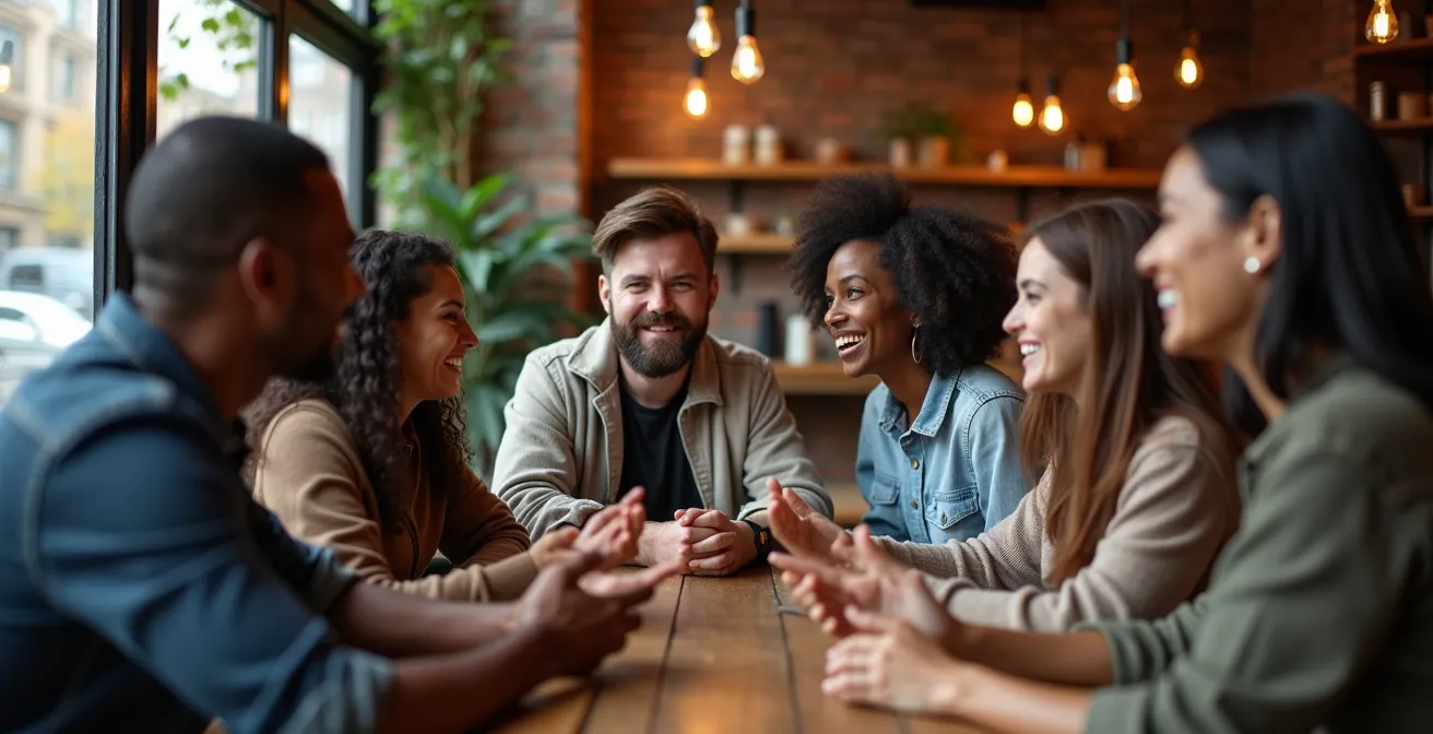 Groupe diversifié d'amis partageant un moment convivial dans un café du Mile-End à Montréal