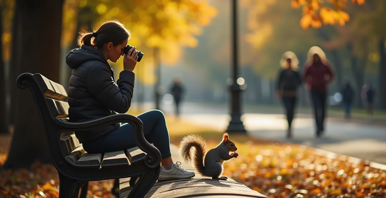 Personne observant calmement un écureuil dans un parc urbain de Montréal avec des jumelles
