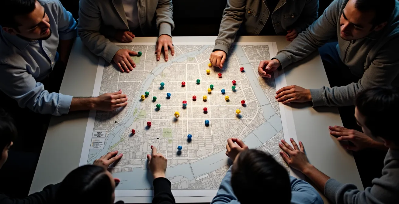 Groupe de citoyens montréalais travaillant ensemble sur une carte collaborative de leur quartier