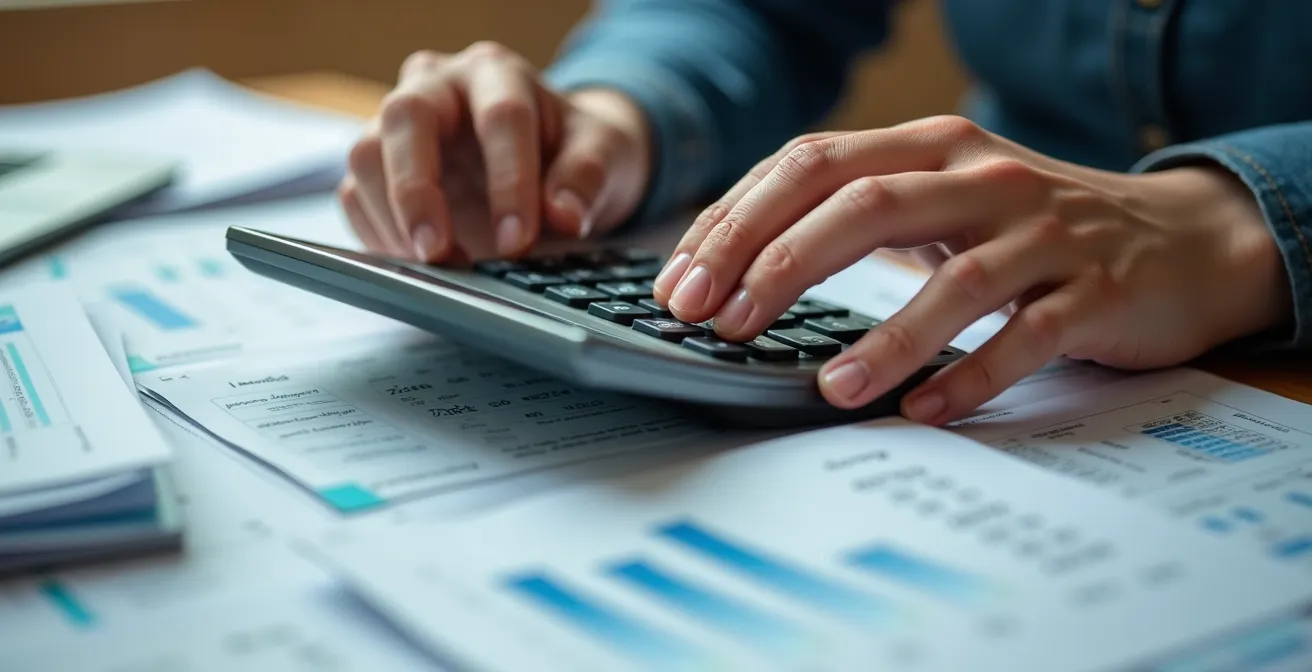 Bureau avec calculatrice et documents financiers pour comparaison immobilière