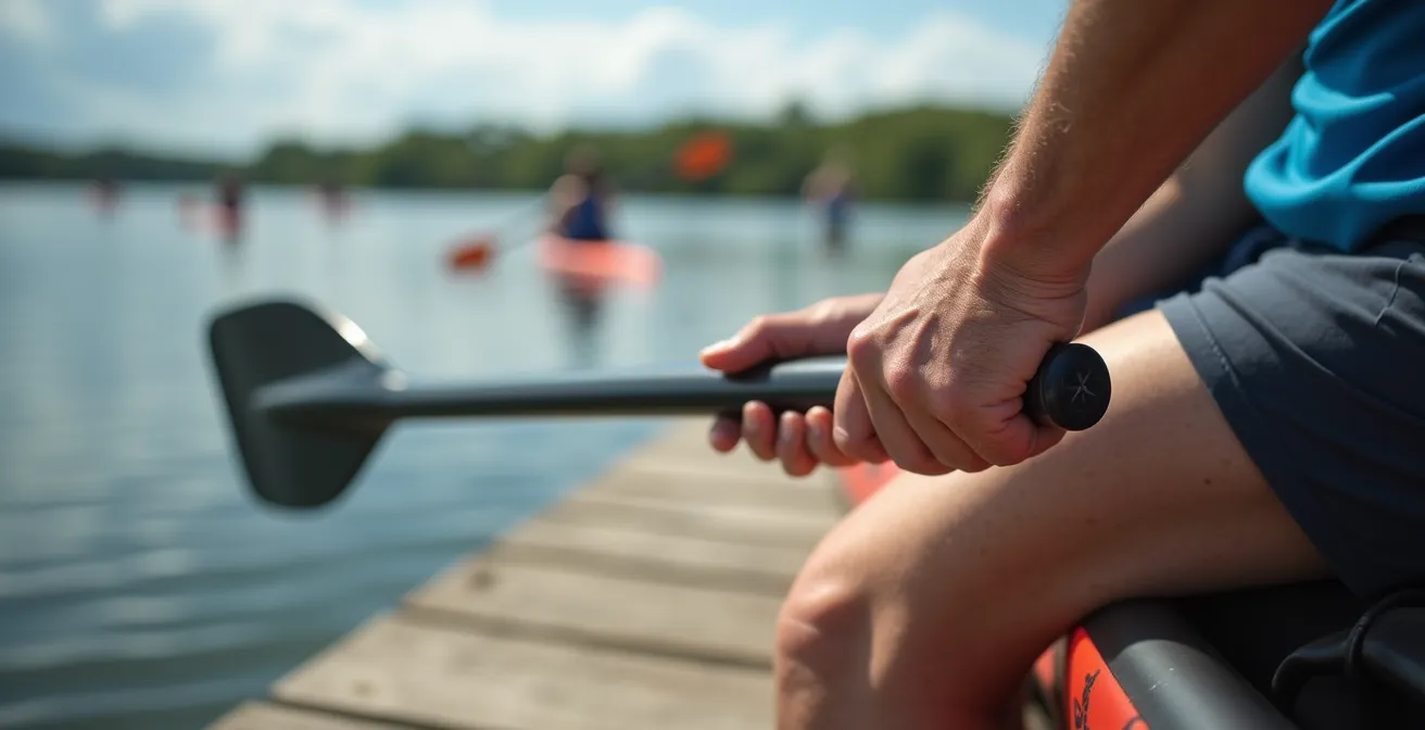 Gros plan sur les mains d'un instructeur montrant la technique de pagaie