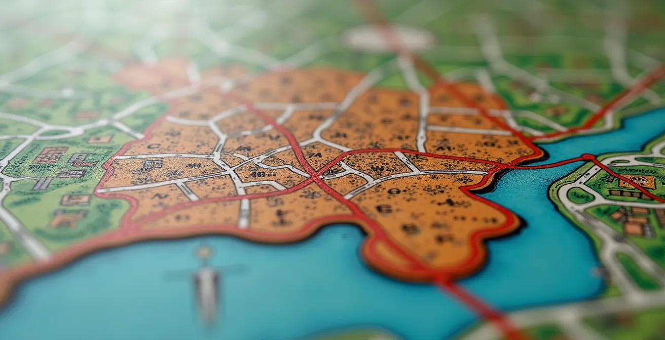 Vue aérienne comparant différents styles de quartiers montréalais avec leurs caractéristiques distinctives