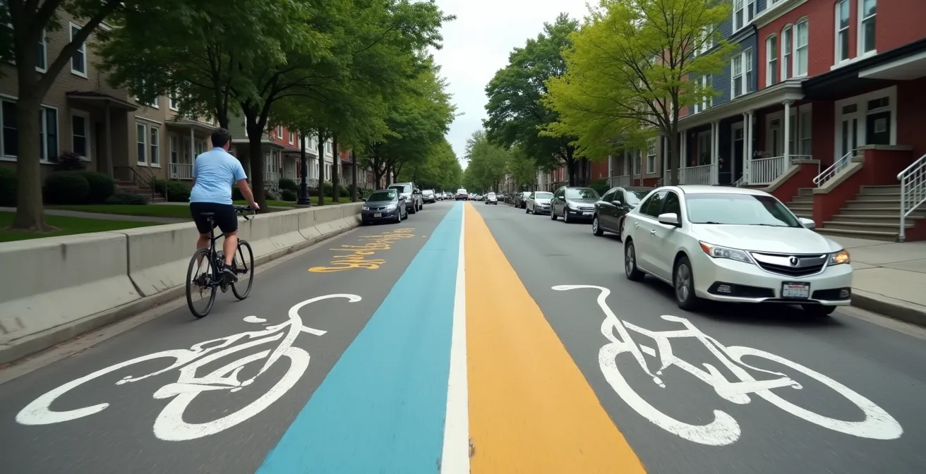 Comparaison visuelle entre une piste cyclable protégée par béton et une simple bande peinte