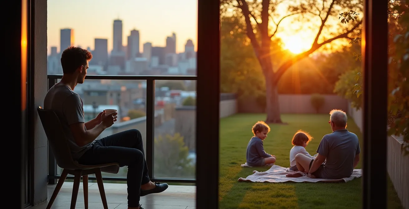 Dualité entre un condo urbain avec vue sur le centre-ville et une maison de banlieue avec grand terrain