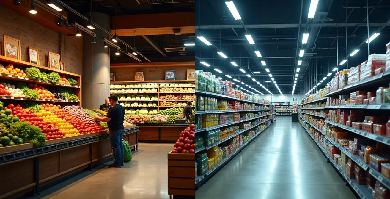 Comparaison visuelle entre un marché local et une grande surface avec éléments de coût