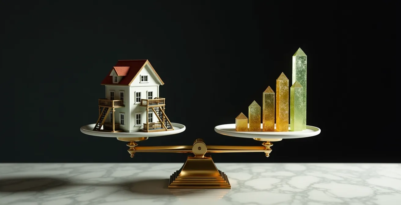 Balance équilibrée avec une maison d'un côté et des graphiques de placement de l'autre