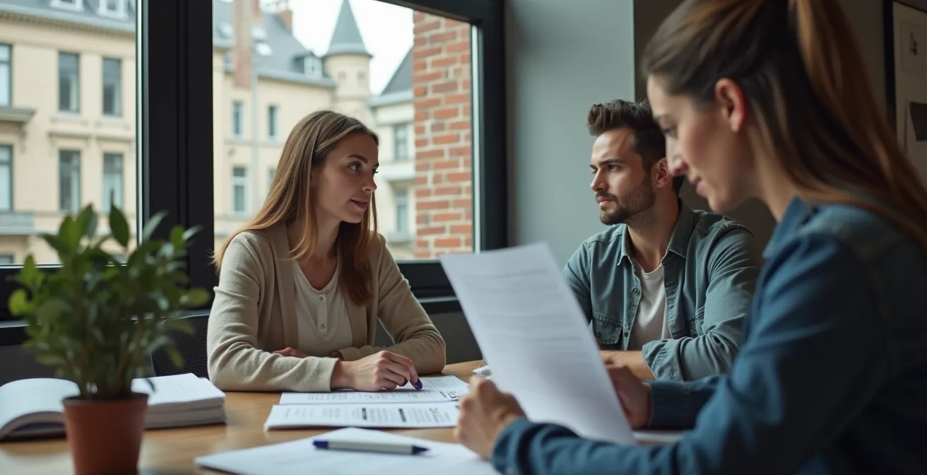 Couple de professionnels internationaux dans un espace de coworking montréalais en discussion avec d'autres entrepreneurs
