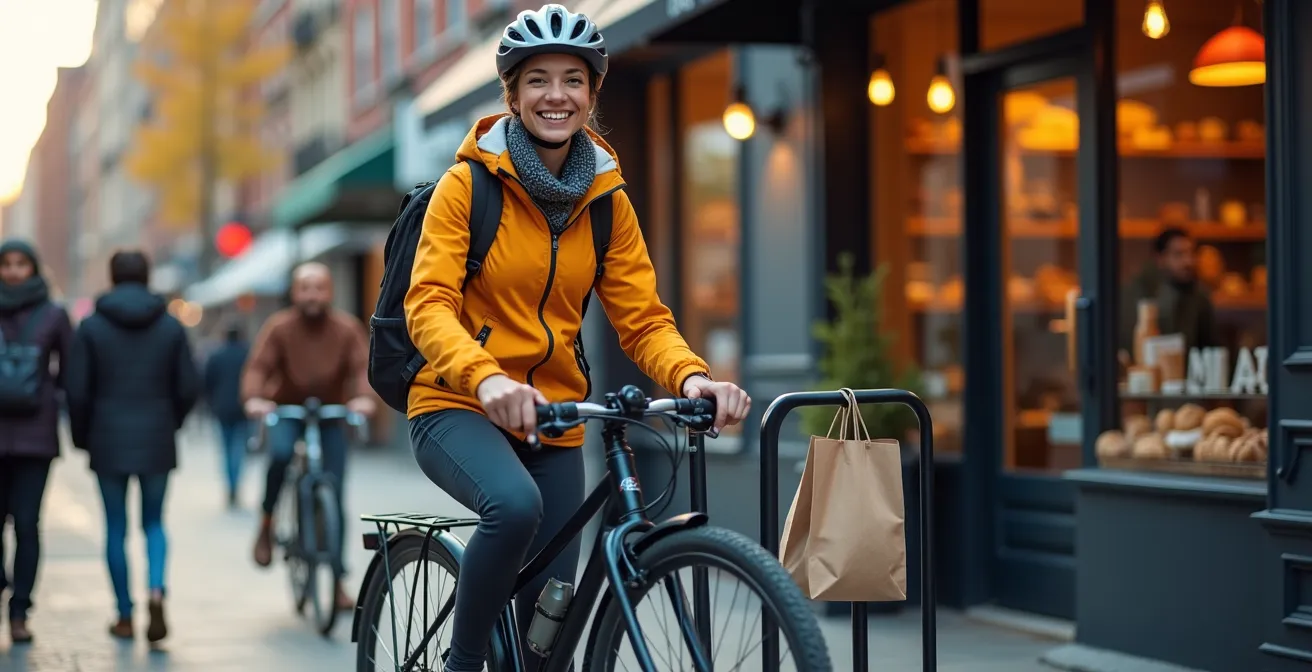 Cycliste s'arrêtant devant un commerce local avec support à vélo