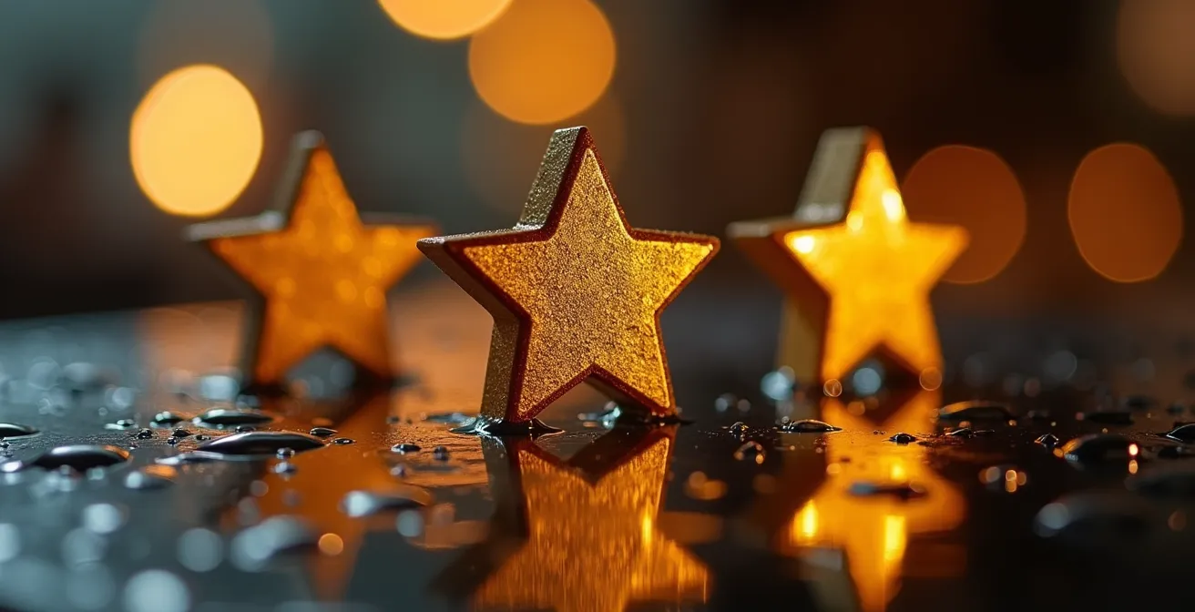 Gros plan macro sur un écran de téléphone montrant des critiques floues avec des étoiles dorées en arrière-plan bokeh