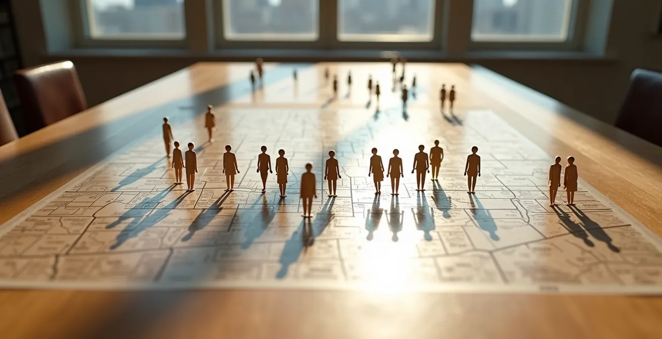 Carte stylisée de Montréal montrant les flux migratoires et les zones de croissance démographique