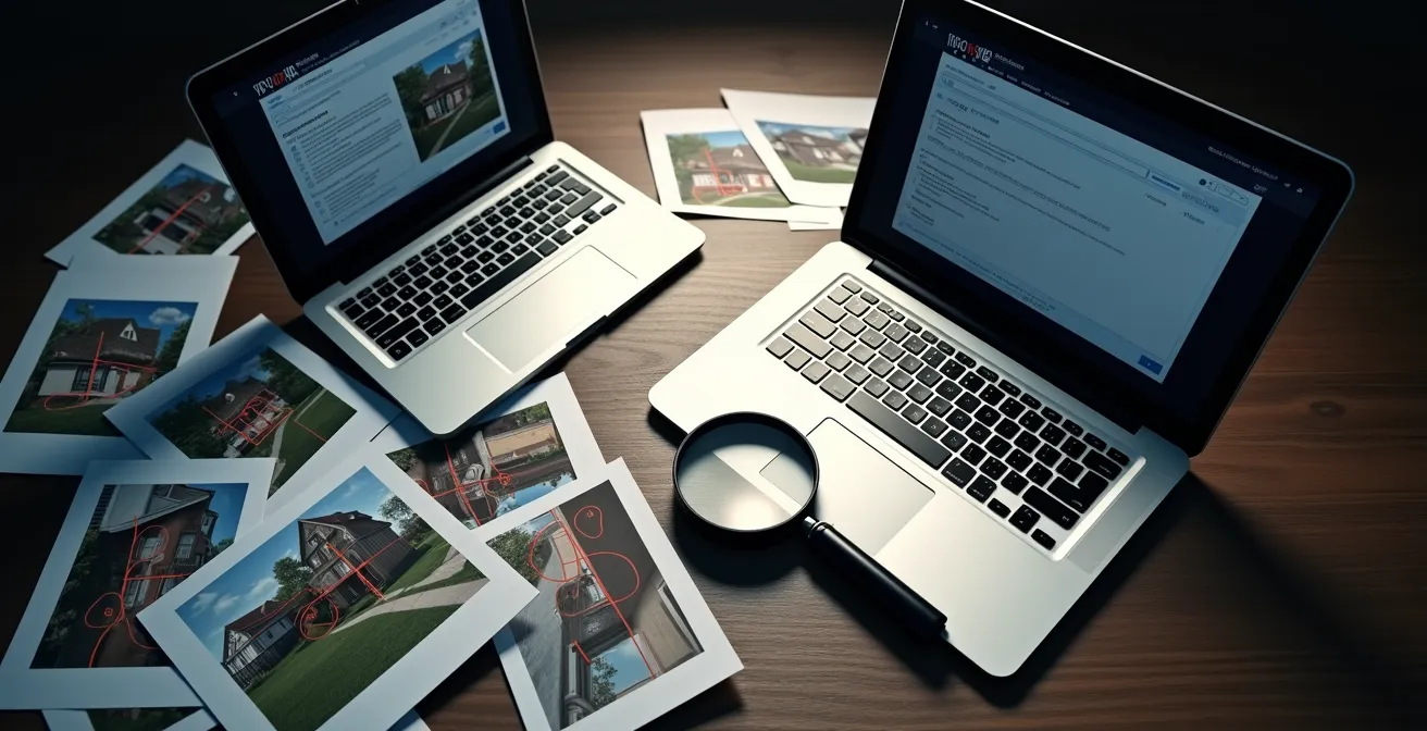 Personne analysant des annonces suspectes sur différents appareils avec des signaux d'alerte visuels