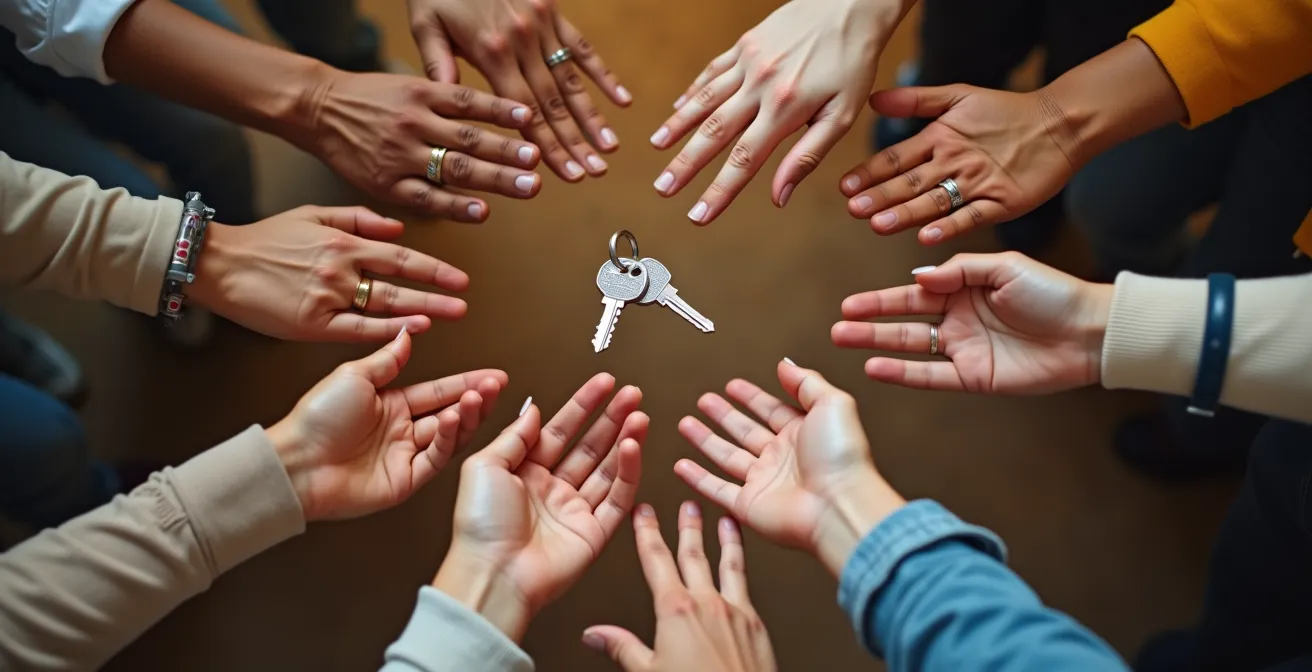 Représentation symbolique de la diversité et de l'égalité d'accès au logement avec des clés multicolores