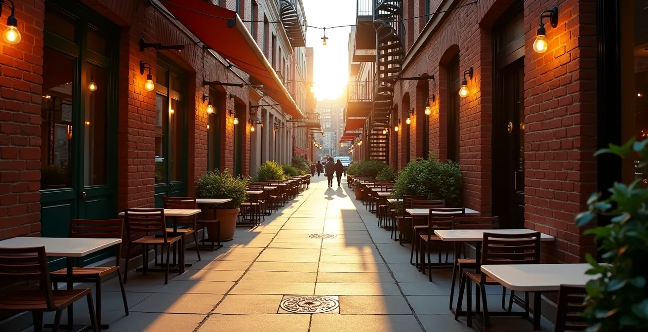 Vue large d'une terrasse de restaurant paisible dans une ruelle de Montréal avec quelques tables vides au coucher du soleil