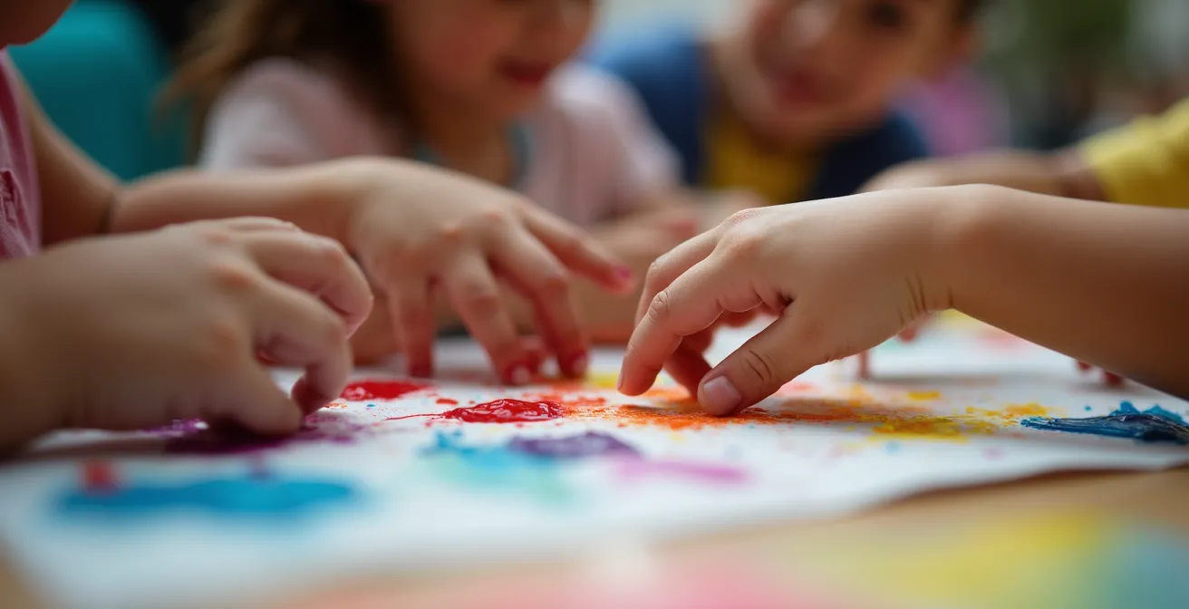 Cour d'école montréalaise avec enfants de diverses origines jouant ensemble, bâtiments scolaires typiques en arrière-plan